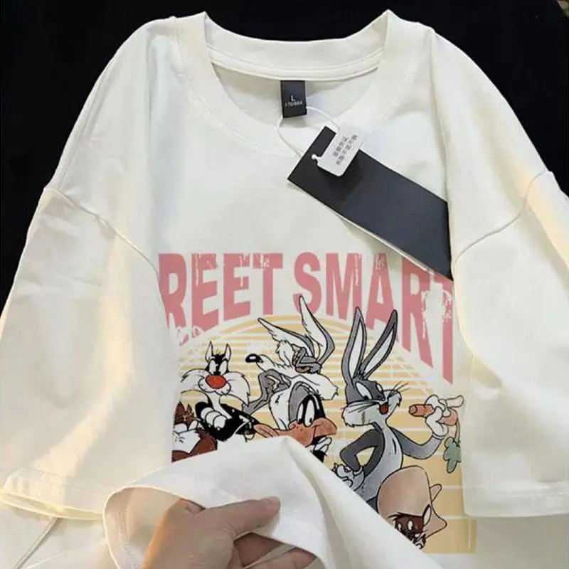 2024 New Kawaii Cute Bugs Bunny Cotton T-Shirt Oversize Short Sleeve Summer Loose Comfortable Cartoon Print Top Girlfriend Gifts