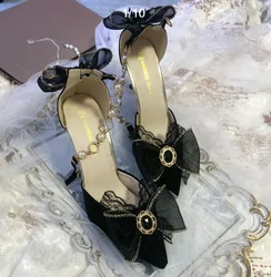 Buty Lolita Ręcznie robione kwiatowe buty ślubne na wysokim obcasie Eleganckie ciemnoczarne buty Lolita Szpiczaste cienkie obcasy Sąd dla kobiet