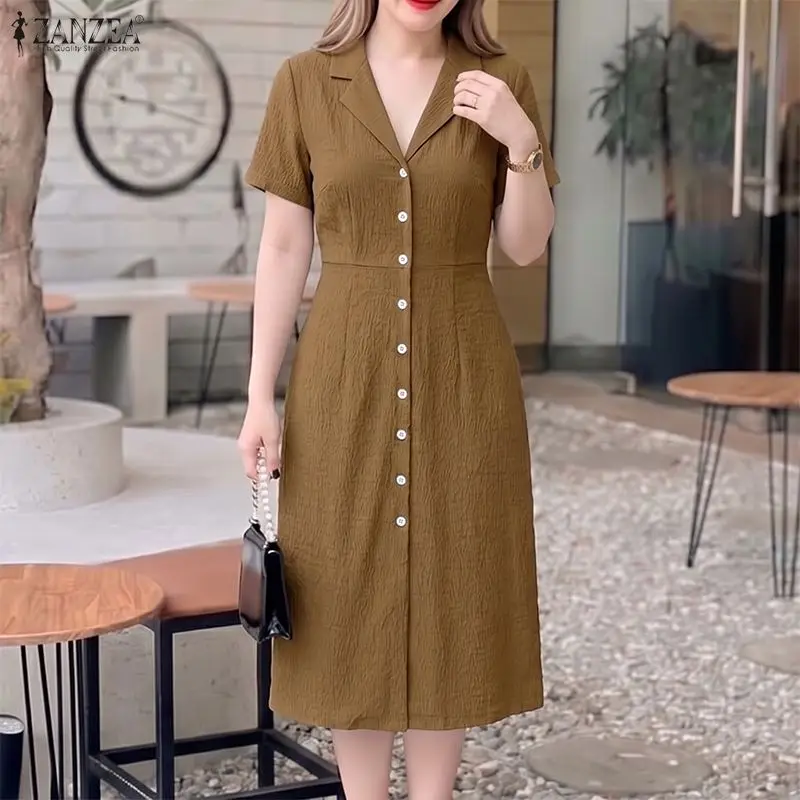 Elegant Women OL Work Midi Dresses ZANZEA Summer Office Sundress Lapel Neck Buttons-Up Dress Short Sleeve Collect Waist Vestidos