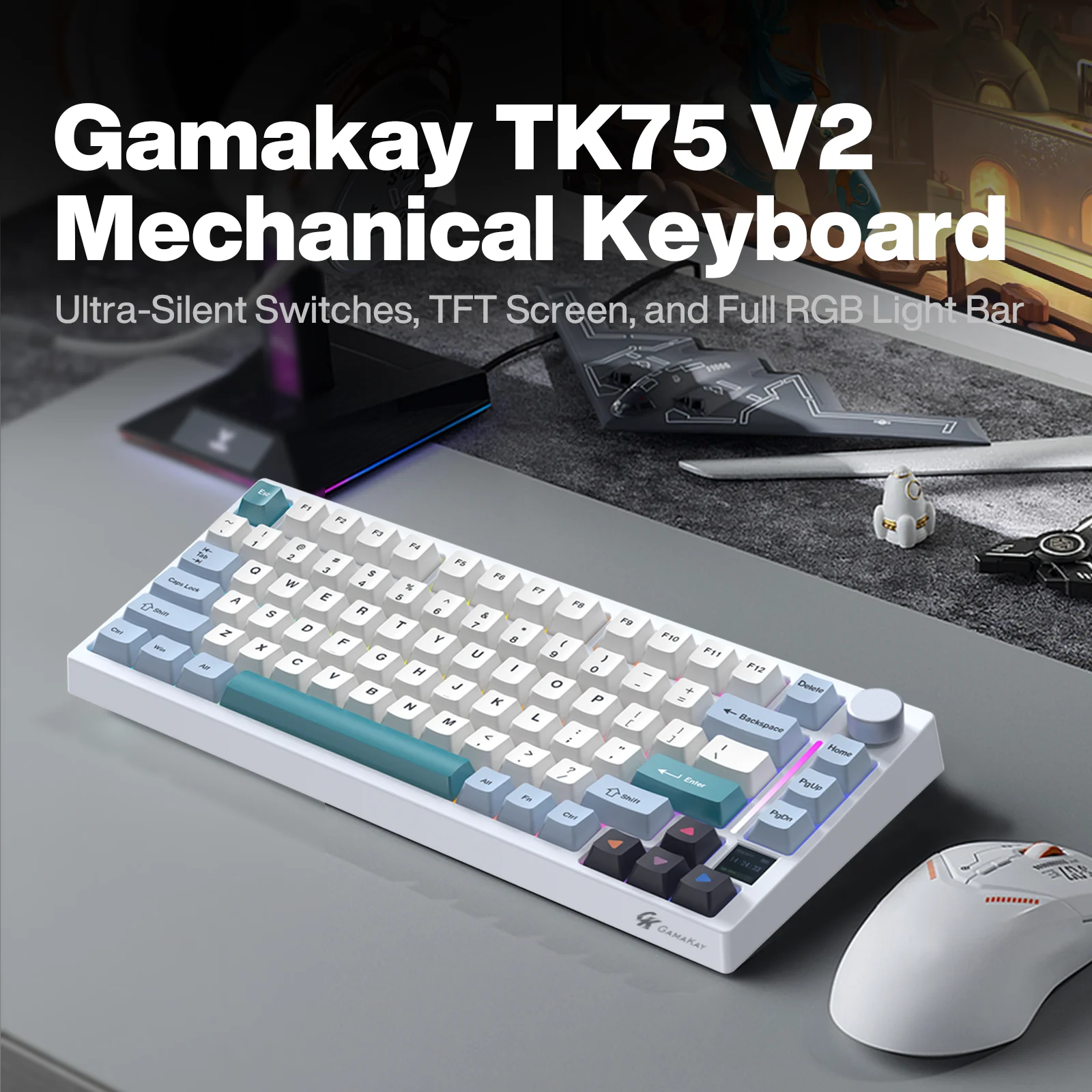 Gamakay TK75 V2 75% Mechanical Keyboard Ultra-Silent Switches, TFT Screen, and Full RGB Light Bar