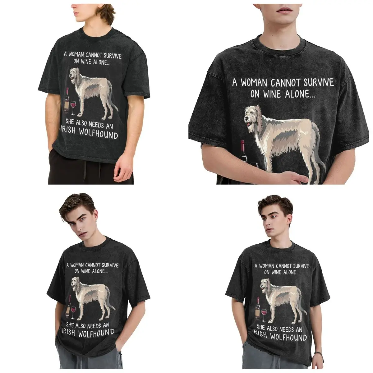 Irish Wolfhound And Wine Funny Dog Hip Hop Short Sleeve T-Shirts Washed Tops Tees Streetwear T Shirt Casual for Men Women