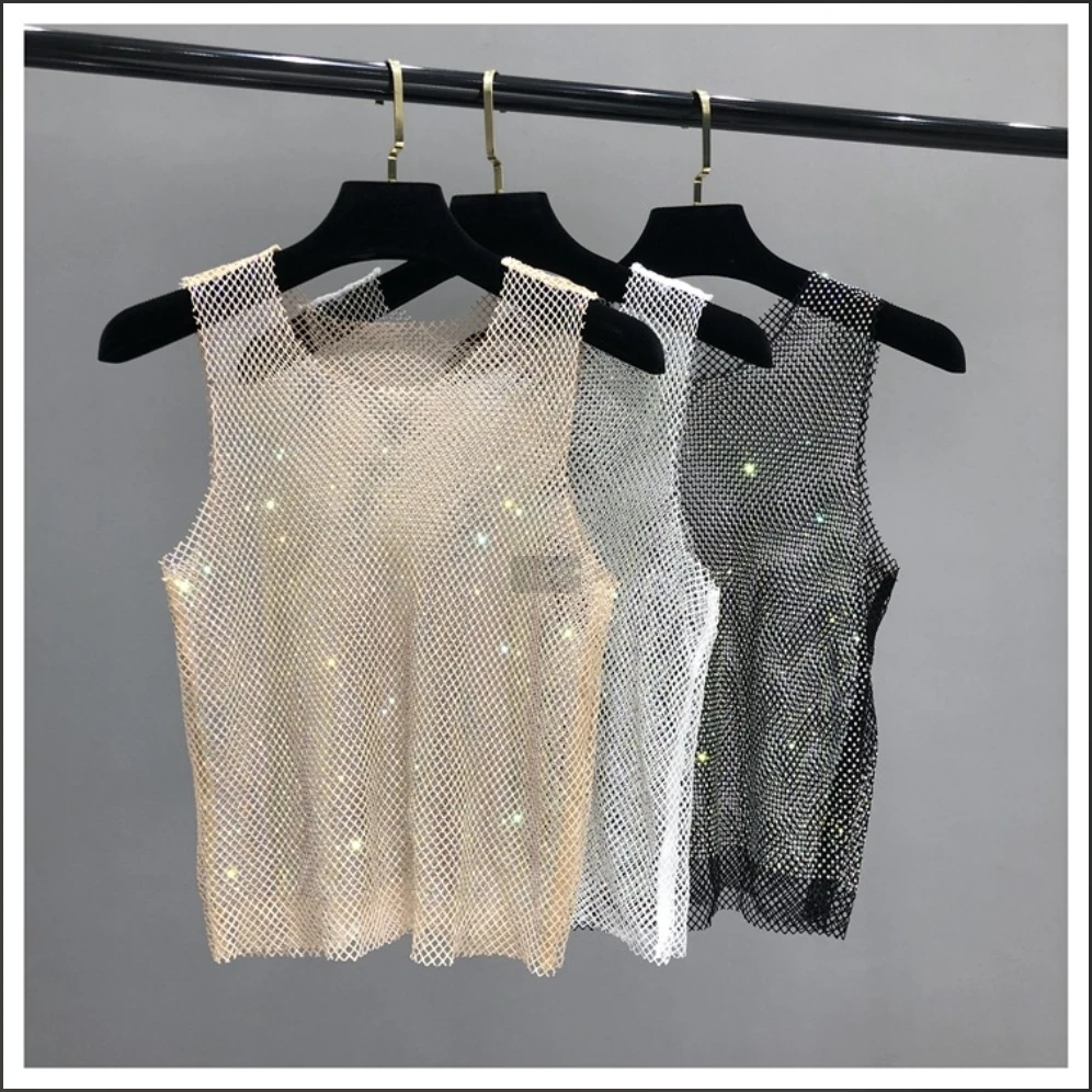 

Женский сетчатый жилет с кристаллами и шипами — блестящий прозрачный топ без рукавов со стразами