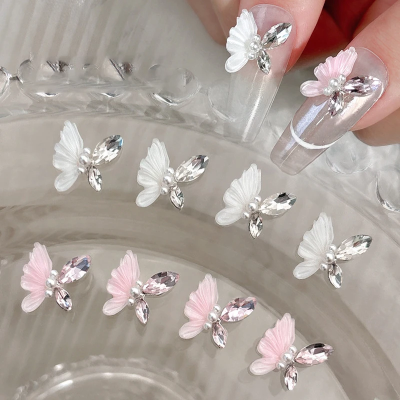 5pcs/bag Pink White Butterfly Nail Art Decoration Flying Butterfly Irregular Luxury  Jewelry Rhinestone Nail Art Diy Charm