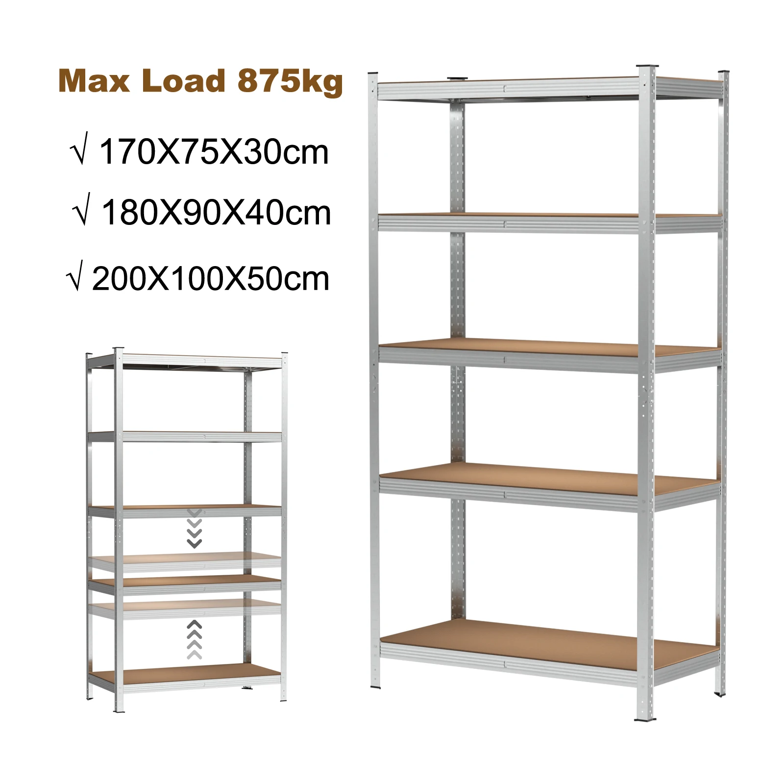 Scaffale in metallo regolabile a 5 livelli, carico massimo 875 kg, scaffale per garage senza bulloni per seminterrato di officina, argento, 3 dimensioni