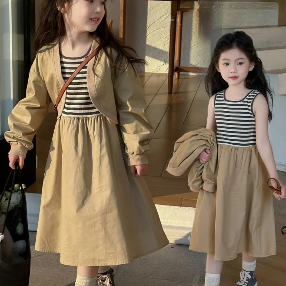 

Girls' Suit Korean Version Clothes 2025 Spring and Autumn New Short Jacket+striped Camisole Vest Dress Two-piece Set