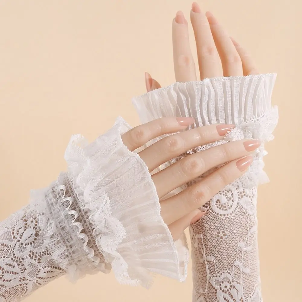 Elegant Long Lace Cuff Embroidery With Ruffles Arm Sleeves Cuffs White Black Lolita Sleeve Women