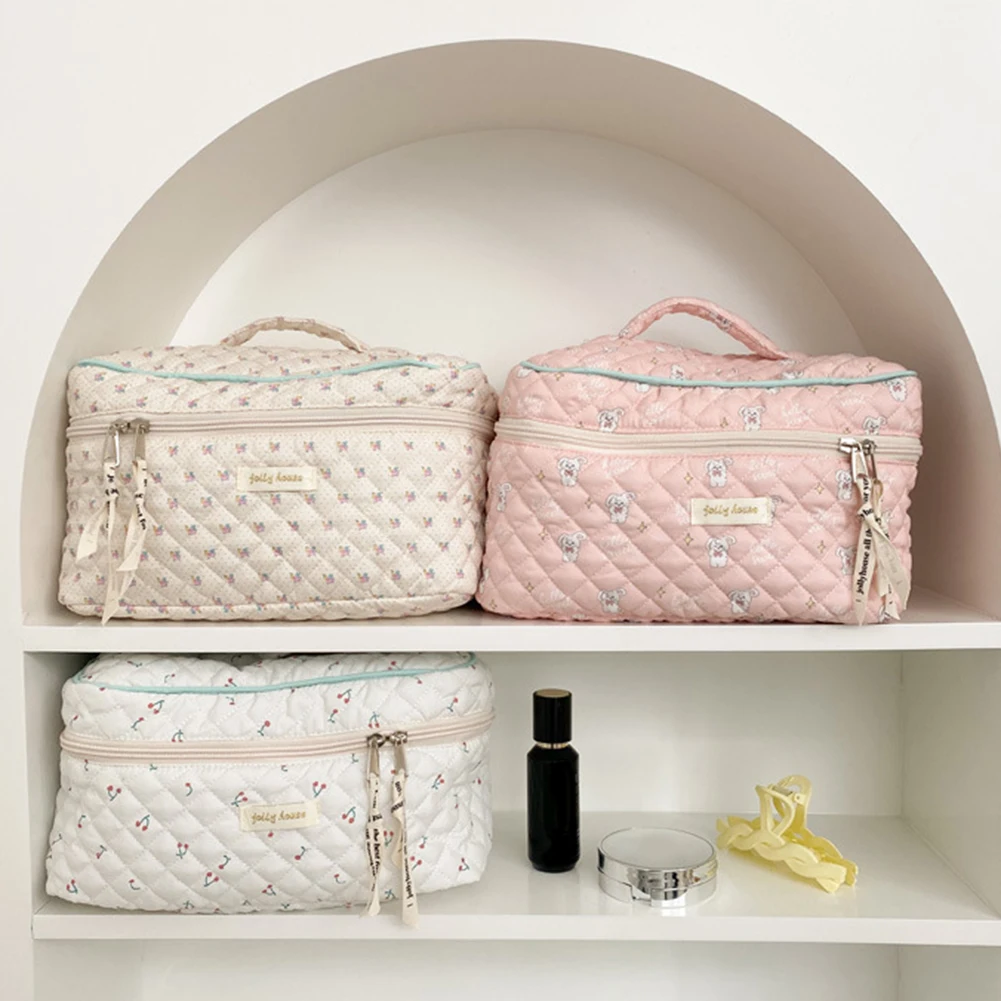 Cute Quilting Cotton Makeup Bag Women Zipper Cosmetic Organizer borsa di stoffa femminile scatola per il trucco custodia da toilette portatile per