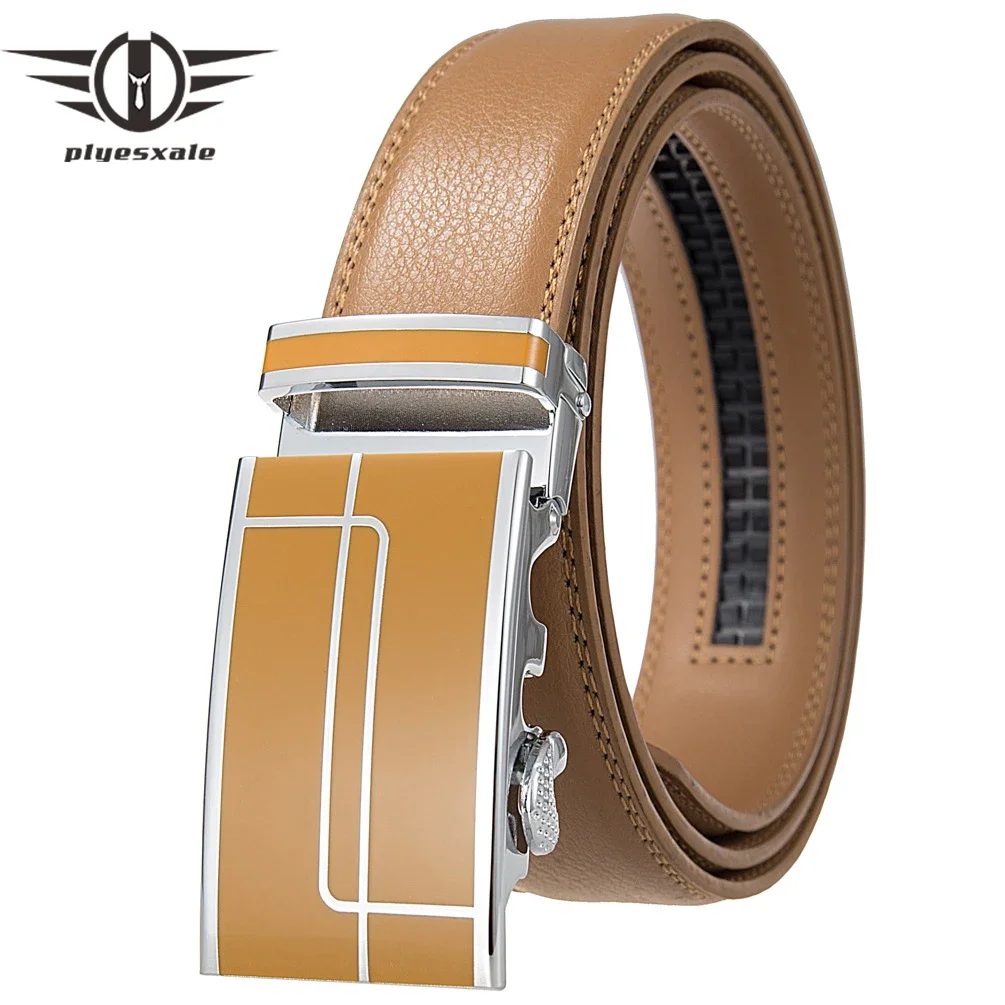 Plyesxale Luxury Designer Mens Dress Belt Top Quality Cowhide Real Leather Belt For Men Automatic Buckle Black White Khaki B1318