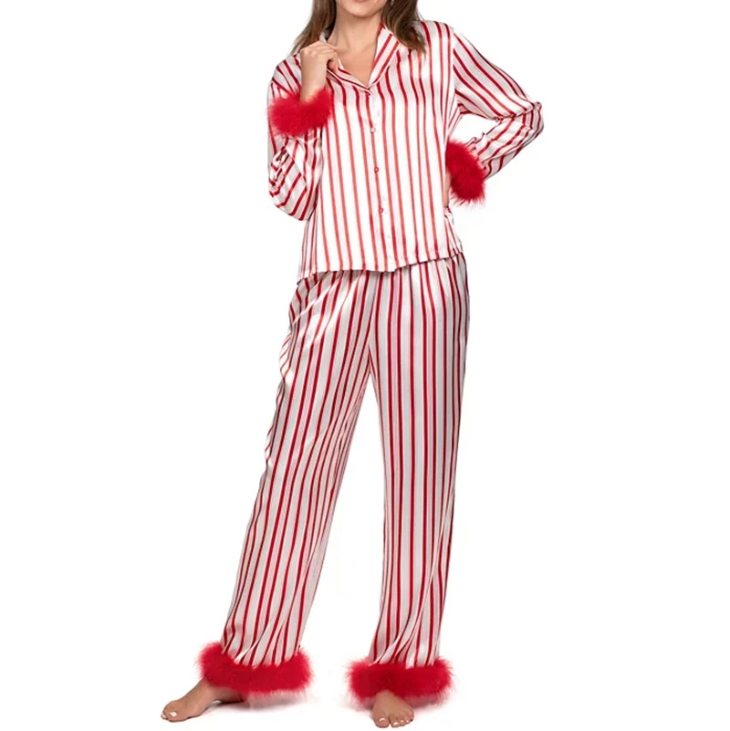 

Maemukilabe Womens Silk Satin Striped Pajama Set Feather Trim Long Sleeve Button Down Shirt + Pants Christmas Lounge Sleepwear