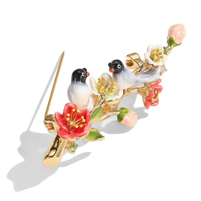 New Trendy Exquisite Hand-painted Enamel Glaze 2 Black Magpie Birds Flower Pink Bud Red Rose Brooch Necklace Earrings Girl Gifts