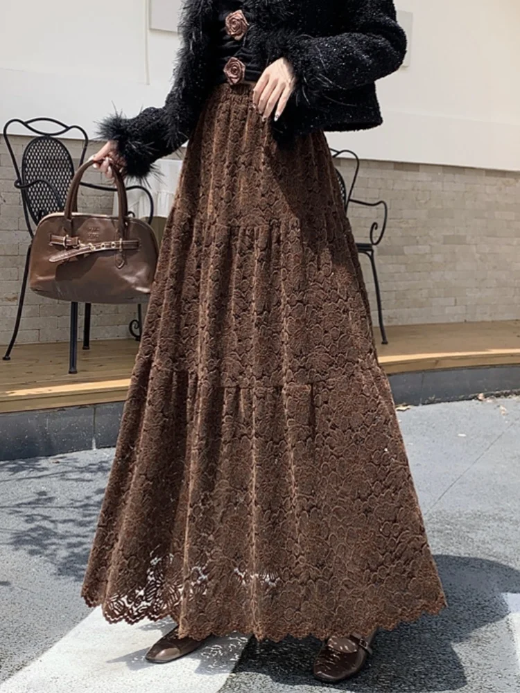 

SMTHMA 2025 New Romantic Beautiful Lace Long SkirtHigh Waist Slim Large Swing Multi layer Cake Skirt