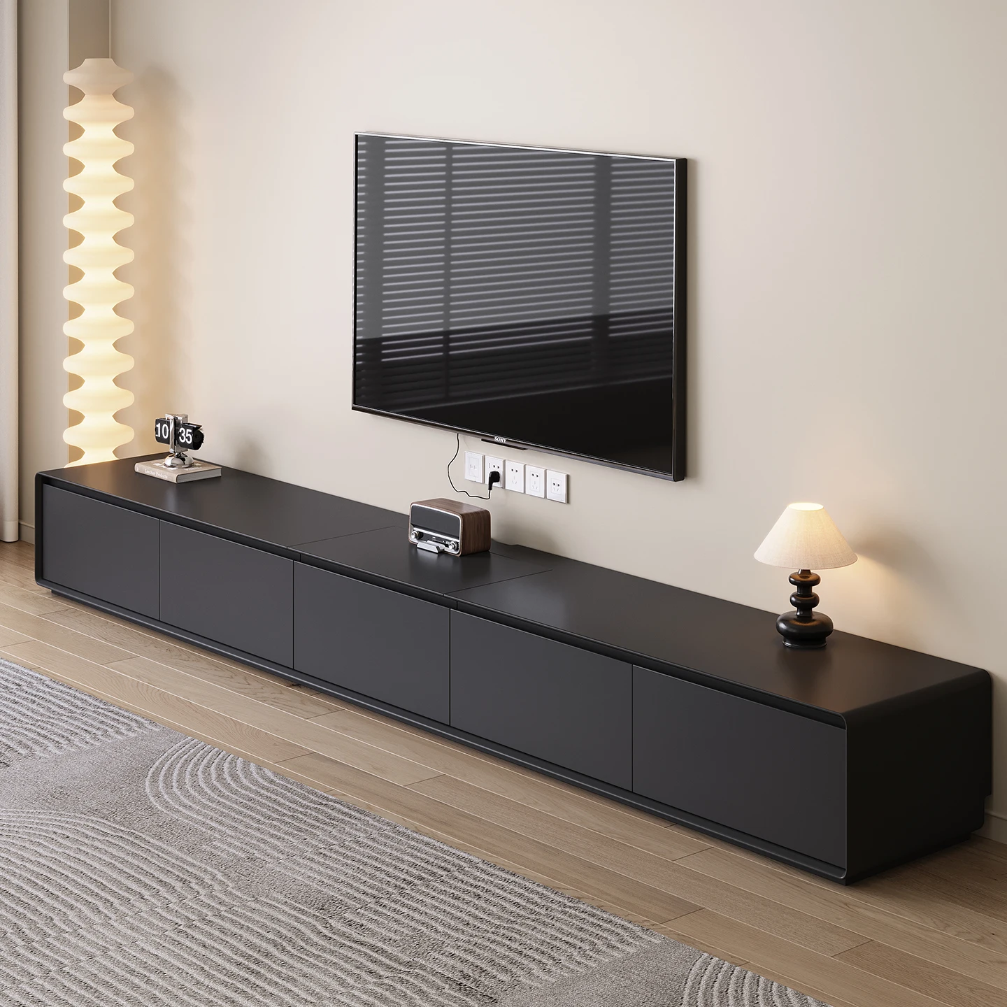 Solid wood black TV cabinet push-pull countertop small apartment living room home floor locker light luxury coffee table