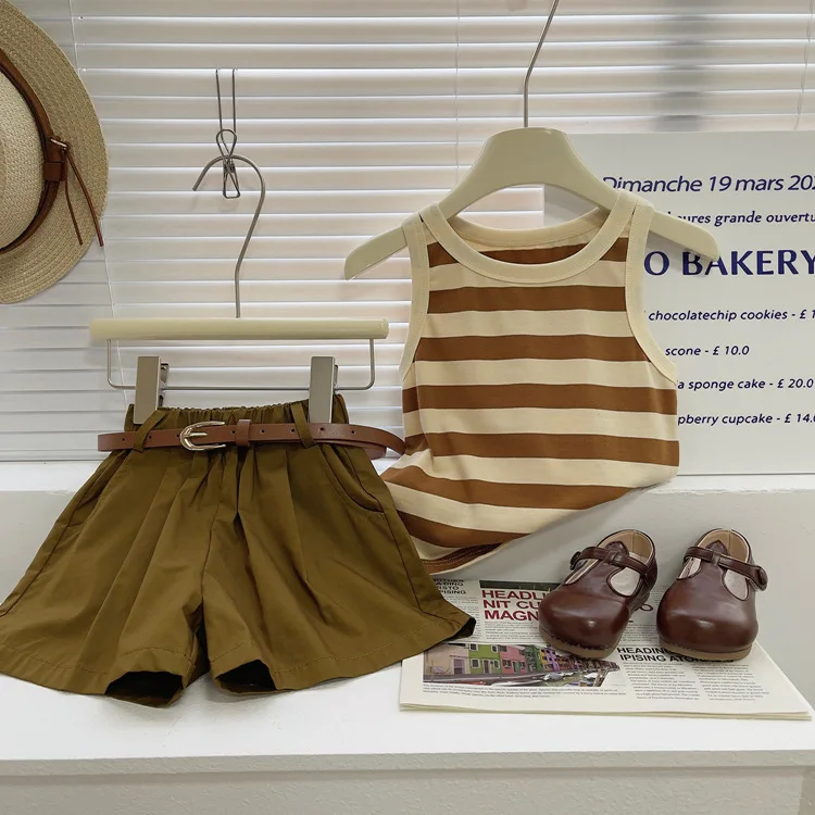Baby Girl Clothes Suit 2024 Korean The New Children's Vest Set Fashion in The Small Children Striped Shorts 2-piece Set image 5