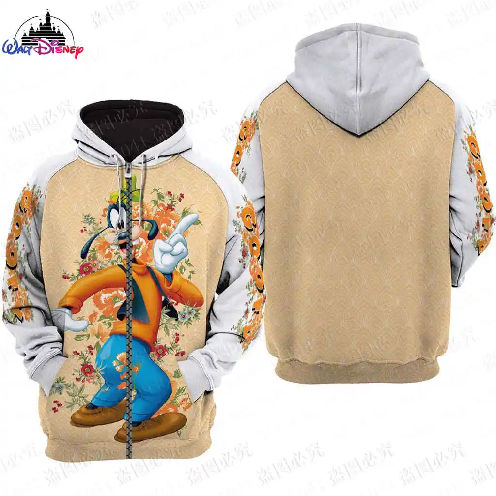 Sweat à capuche imprimé dessin animé Dingo Disney pour hommes et femmes, impression 3D, garçons et filles, sourire, fermeture éc