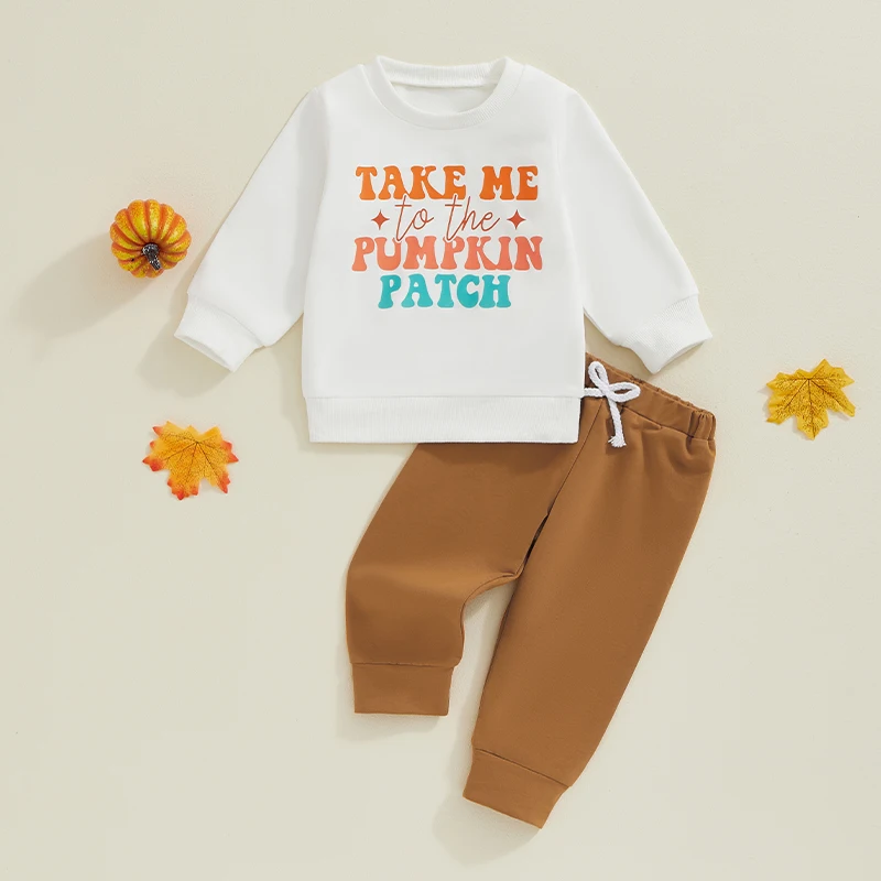 

Suefunskry Toddler Boy Halloween Outfits Letter Print Long Sleeve Sweatshirt with Elastic Waist Solid Color Pants 2Pcs Set