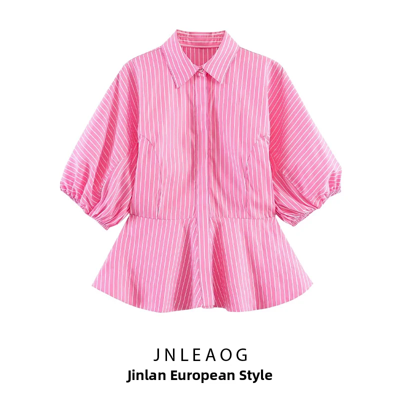 

JNLEAOG Summer New Women's Fashionable Striped Silk Shirt Versatile Personality Short Sleeve Bubble Sleeve Polyester Fiber