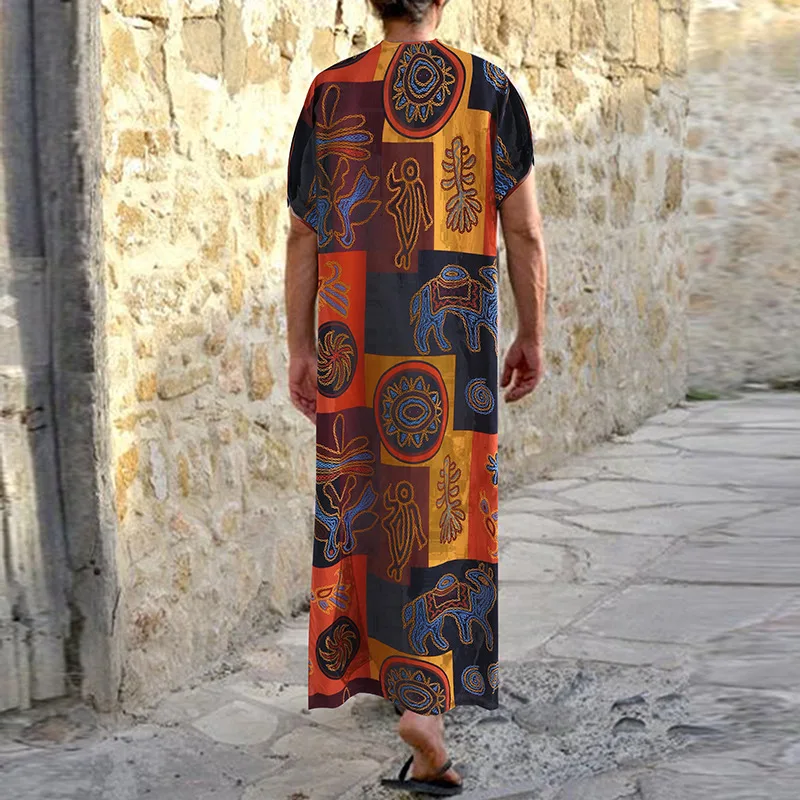 Men's Summer Casual Oracle Bone Elephant Ethnic Print Long Short Sleeve Robe