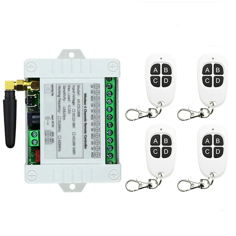 433MHz Universal Wireless Remote Control Switch AC 110V 220V 4CH Relay Radio Receiver Module With Remote Control Transmitters