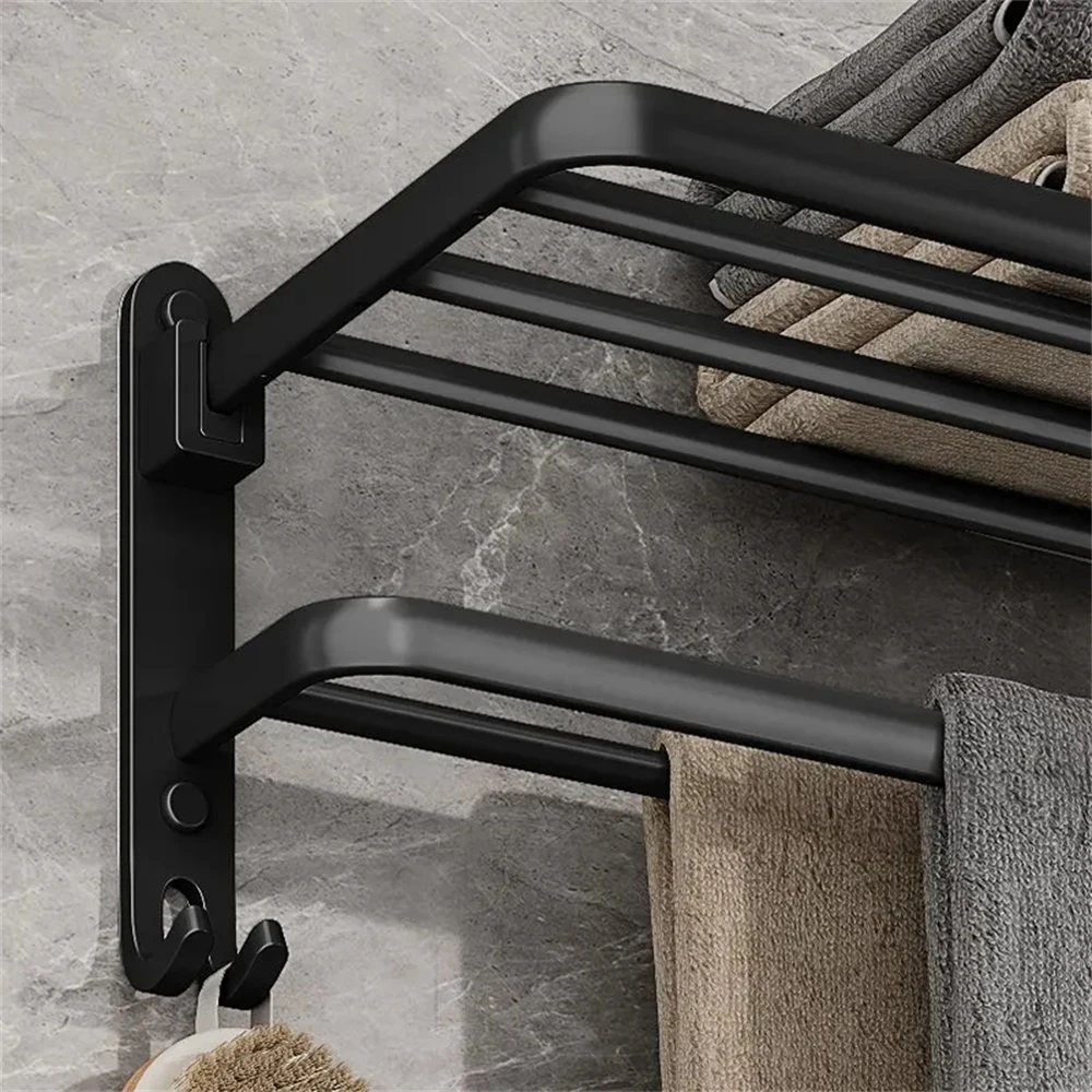 40-60CM Wall-Mounted Bathroom Black Storage Rack Foldable Hook Towel Rack Bathroom Storage Belongs To Bathroom Facilities