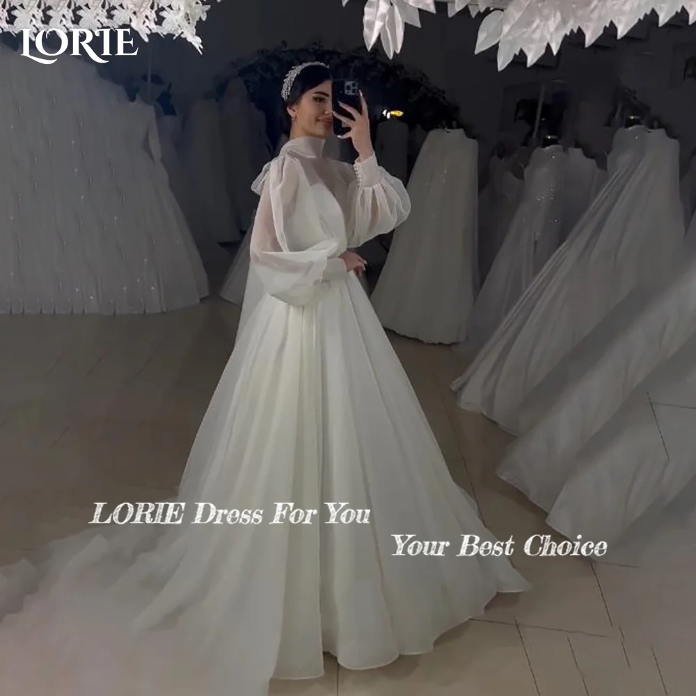 LORIE Sexy Satin Long Sleeve Wedding Dresses A-line Puff High Collar Ruffle Elegant Customized Bridal Gown Muslim Arabia Dress