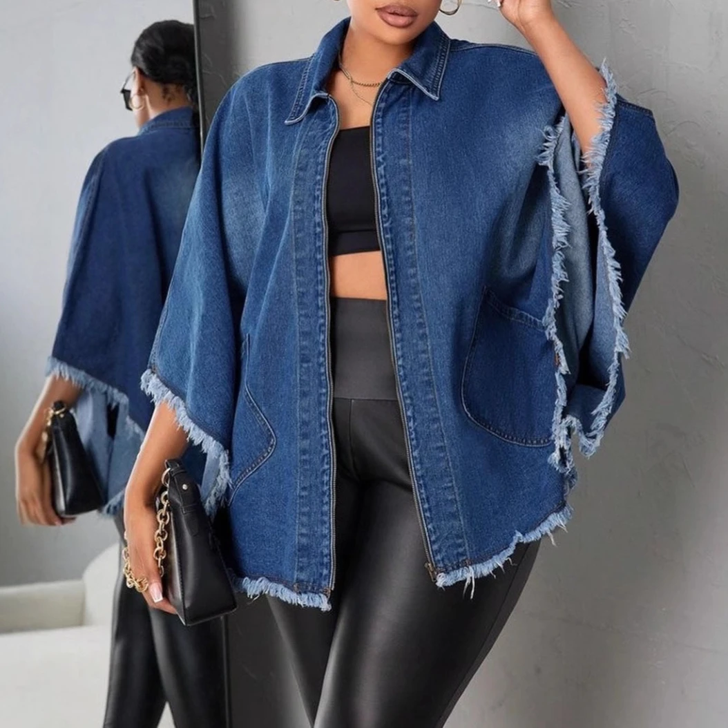 

Women Denim Coats Y2k Jackets Pocket Coat Zipper Batwing Sleeves Turn Down Collar Loose Streetwear Casual 2025 Autumn Winter