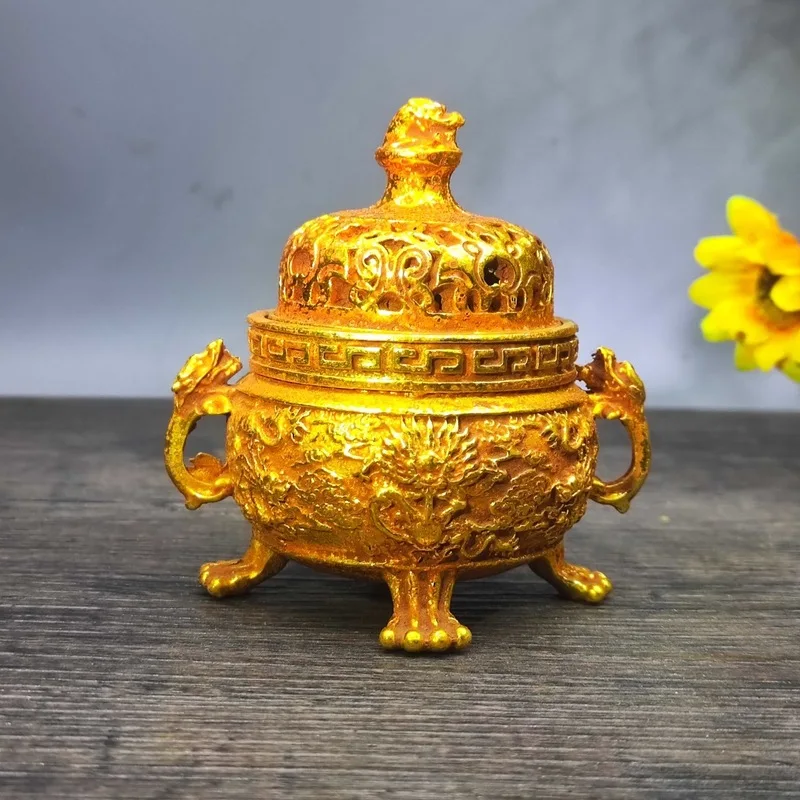 Brass Dragon Design Four-Legged Ornament, Mini Hollow Incense Burner, Chinese Style Desktop Decoration