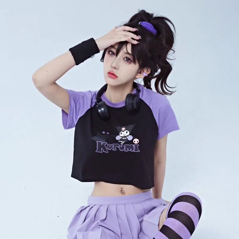 Sanrio Kuromi T-Shirts Women\'s Short Sleeve Crop Top Y2k Summer Loose Casual Chic Kawaii Girl Short Slim Fit Women Clothing Gift