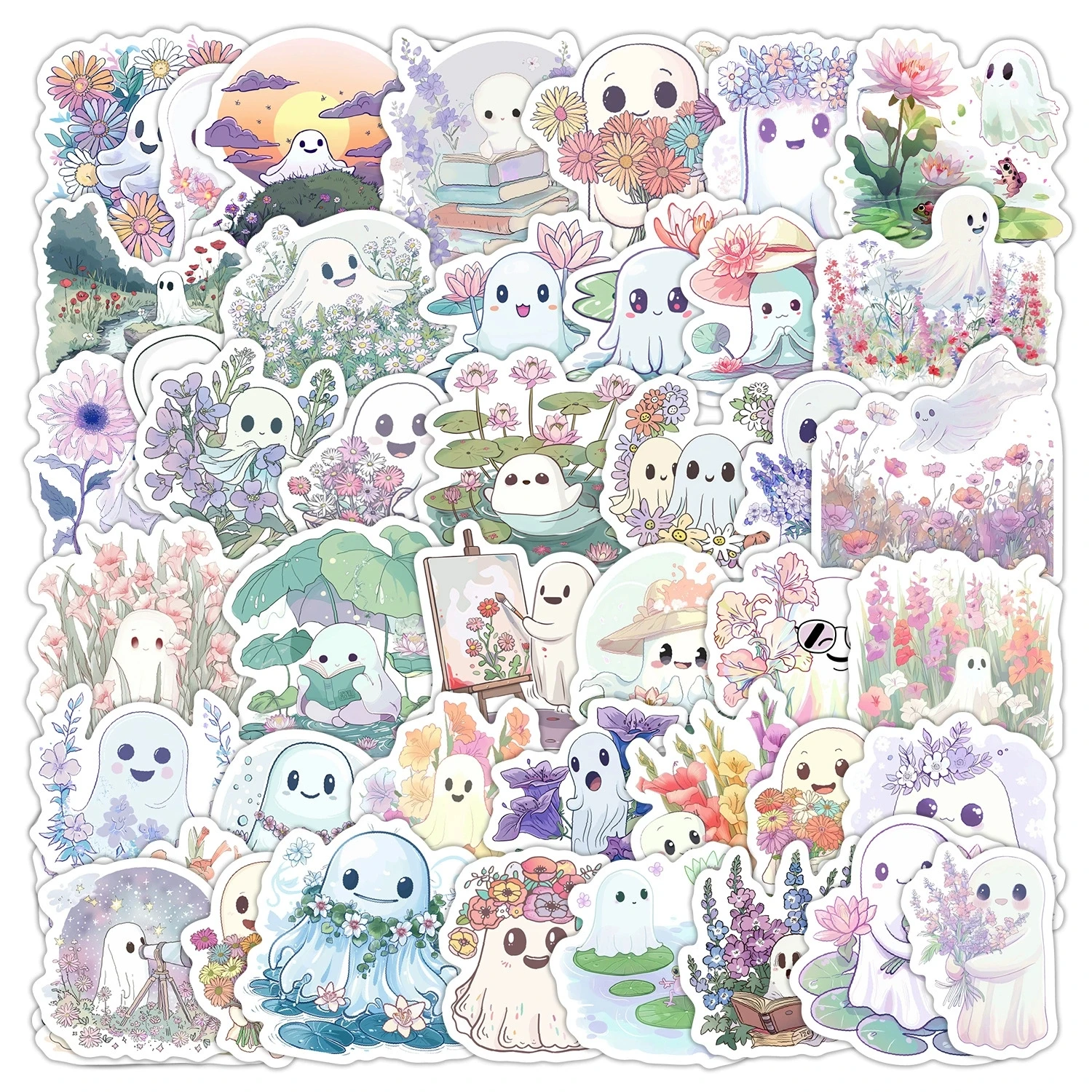 50 Pcs Cute Halloween Flower Ghost Graffiti Stickers Cartoon Waterproof Vinyl Decals for Water Bottle Laptop Journal Gift