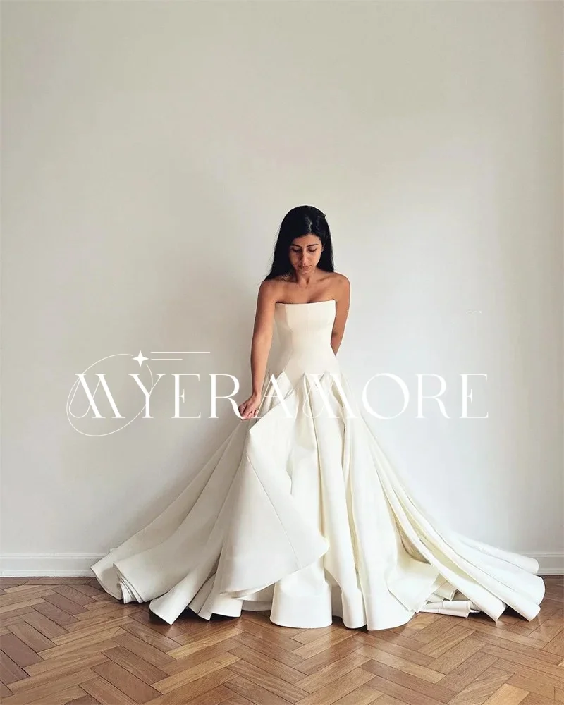 エレガントなストラップレスサテンのウェディングドレス Aラインスイープトレイン花嫁ドレスフロアレングスパーティードレスカスタマイズされたvestidos de novia