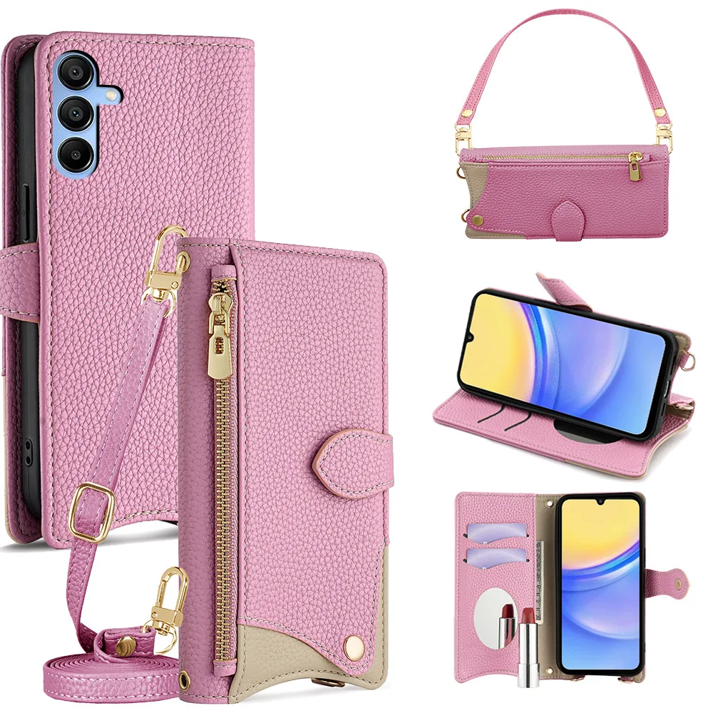 Capa Carteira Espelhada com Zíper para Asus Zenfone 10Z 10 9Z 9 8 ZS590KS, Transversal, com 3 Compartimentos para Cartões, Alça de Pulso em Couro e Fecho Flip