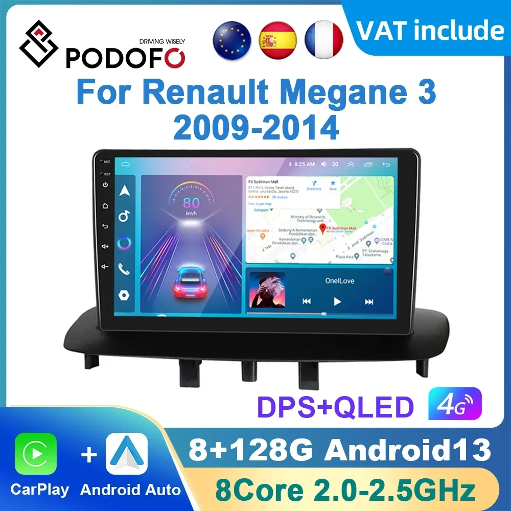 Podofo AI Voice Android Carplay Car Radio For Renault Megane 3 2008-2014 Android Auto 4G Multimedia Player GPS Navigation RDS