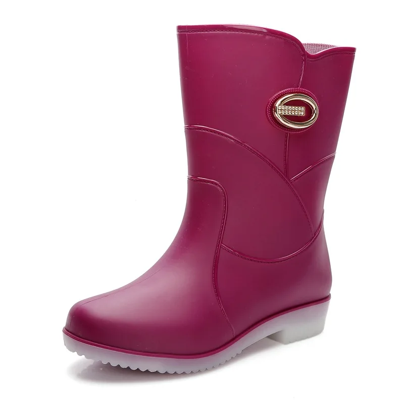 Women's Metal Decoration Mid-Calf Rain Boots Outdoor Platform Water Boots Non-slip Waterproof Work Shoes Flat With Rainboots