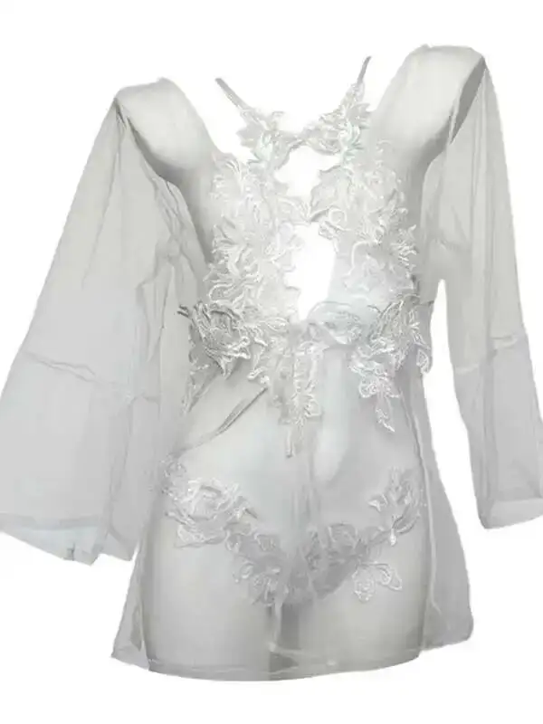 Koreanische Weibliche Anker Sexy Für Frauen Drei-Punkt Robe Spitze Sehen-Durch Leidenschaftliche Pyjamas Transparent Kleid Elegante Tops 52VI