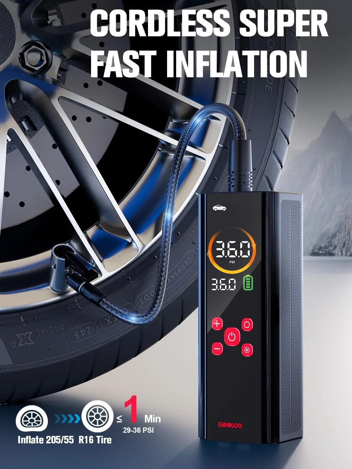 Portable Tire Inflator with Color LED Screen, 4X Faster Air Pump, Auto Shut-off for Car Bike Ball