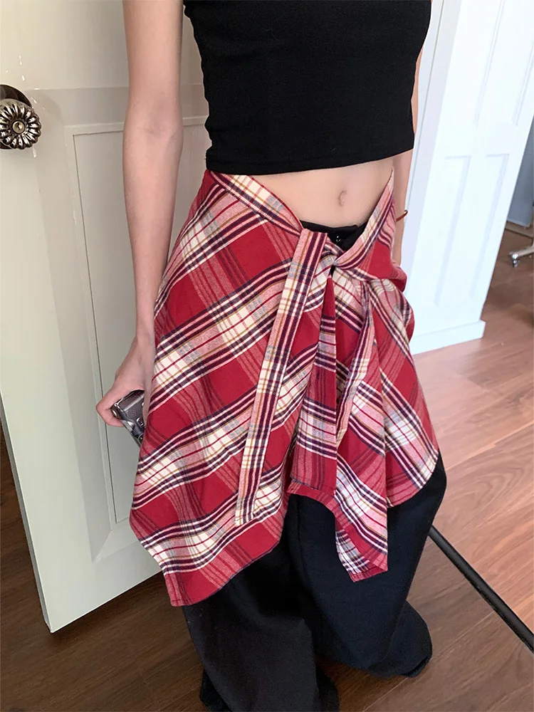 American Retro Plaid Skirt Women's Fashionable High Waist  Skirt Korean Style Uneven High Waist Short Skirt