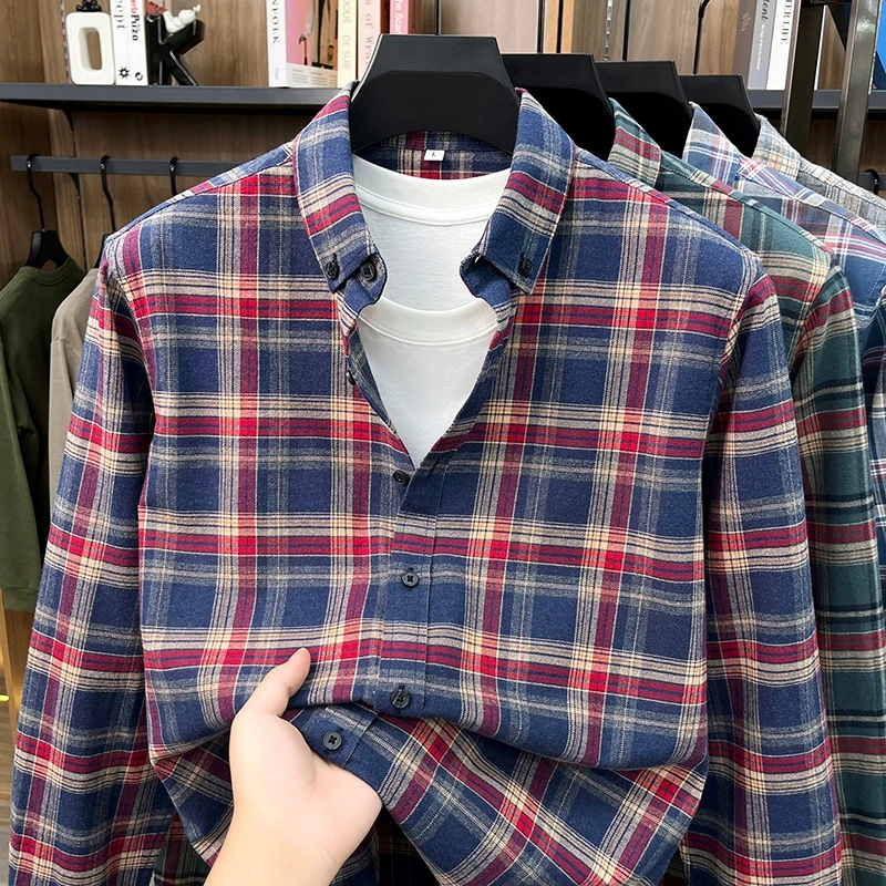 High Quality 100% Cotton Long Sleeve Shirt Fashion Checkered Printing Men's New Luxury Comfort Business Casual Autumn Lapel Top
