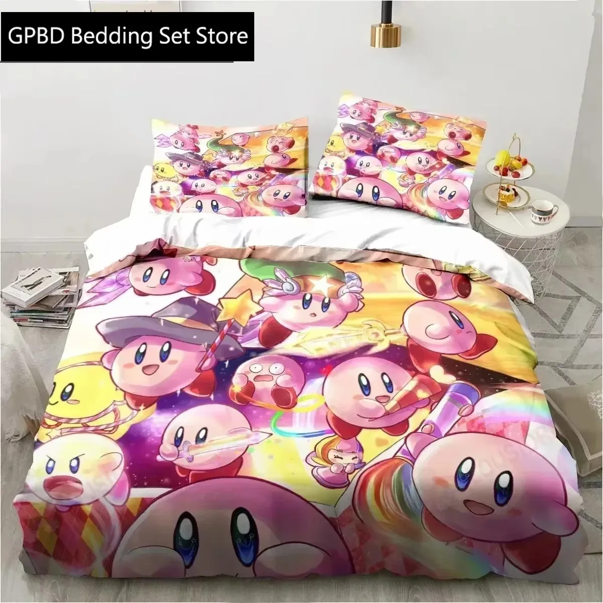 3D Print Anime Kawaii K-kirbys Cute Pink Bedding Set Double Twin King Duvet Cover Comforter Pillowcase Boys Girls Adults Bedroom