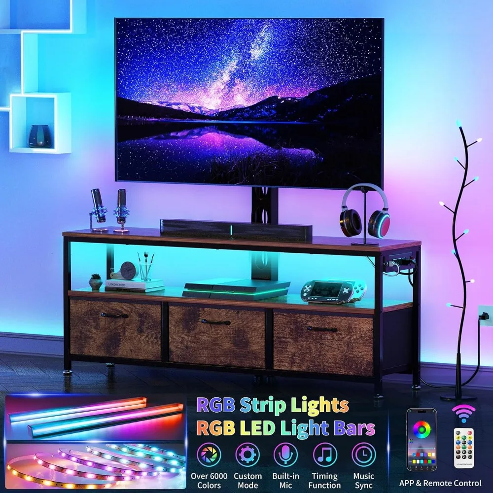 Suporte de TV com montagem e tomada de energia, suporte de TV com gavetas de armazenamento, LED para TVs de 45/55/60/65 polegadas, console de mídia com altura ajustável