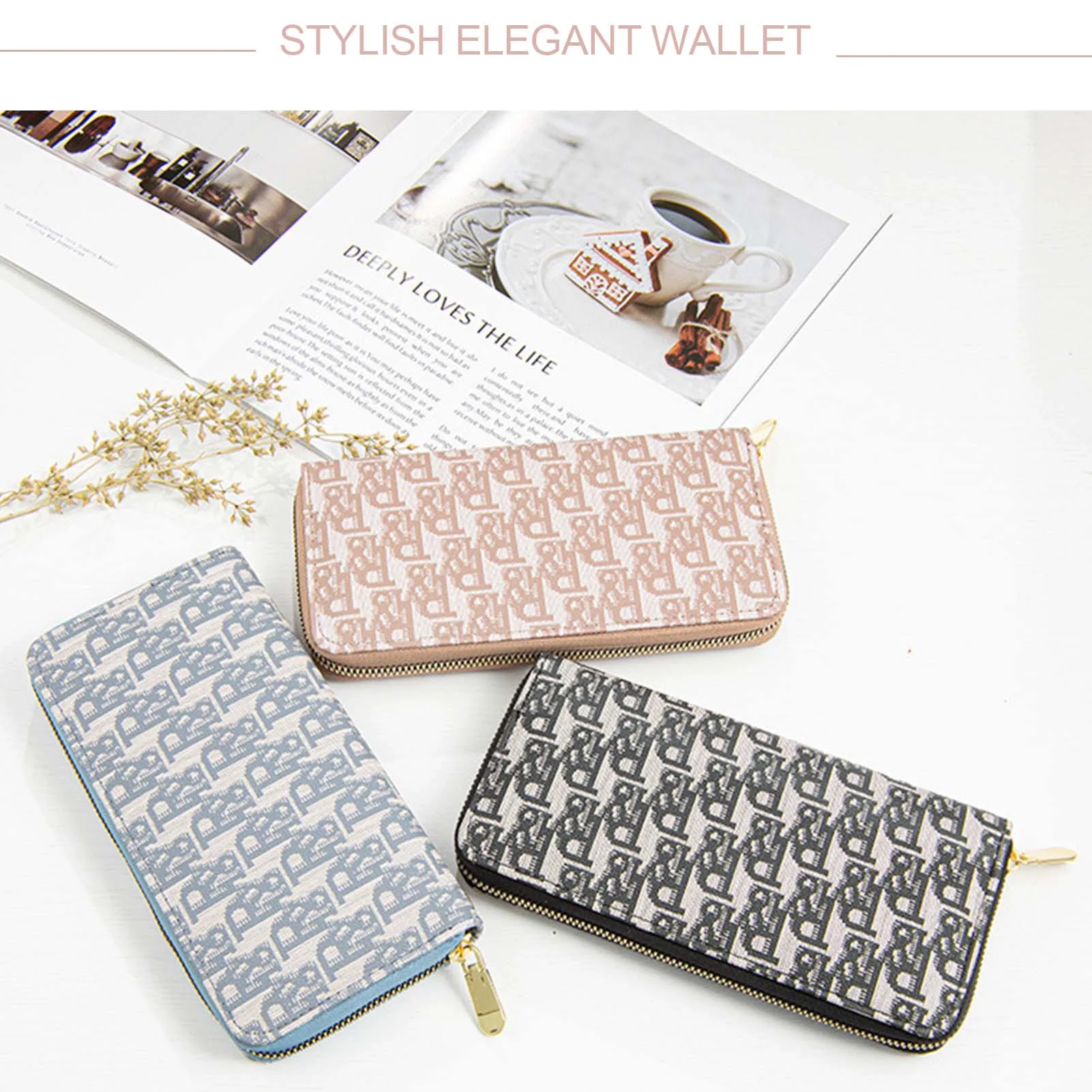 Women's Zipper Clutchs With Frosted Letter Printed Multi-Purpose Large Capacity Purse For Money Card