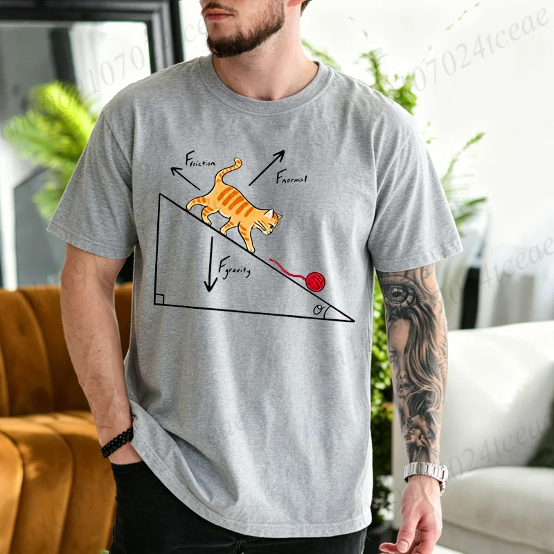 Men Funny Physics Inclined Plane Force Analysis Cat Graphic T Shirt Science Teacher Gift Vintage Academia Short Sleeve Tee Tops