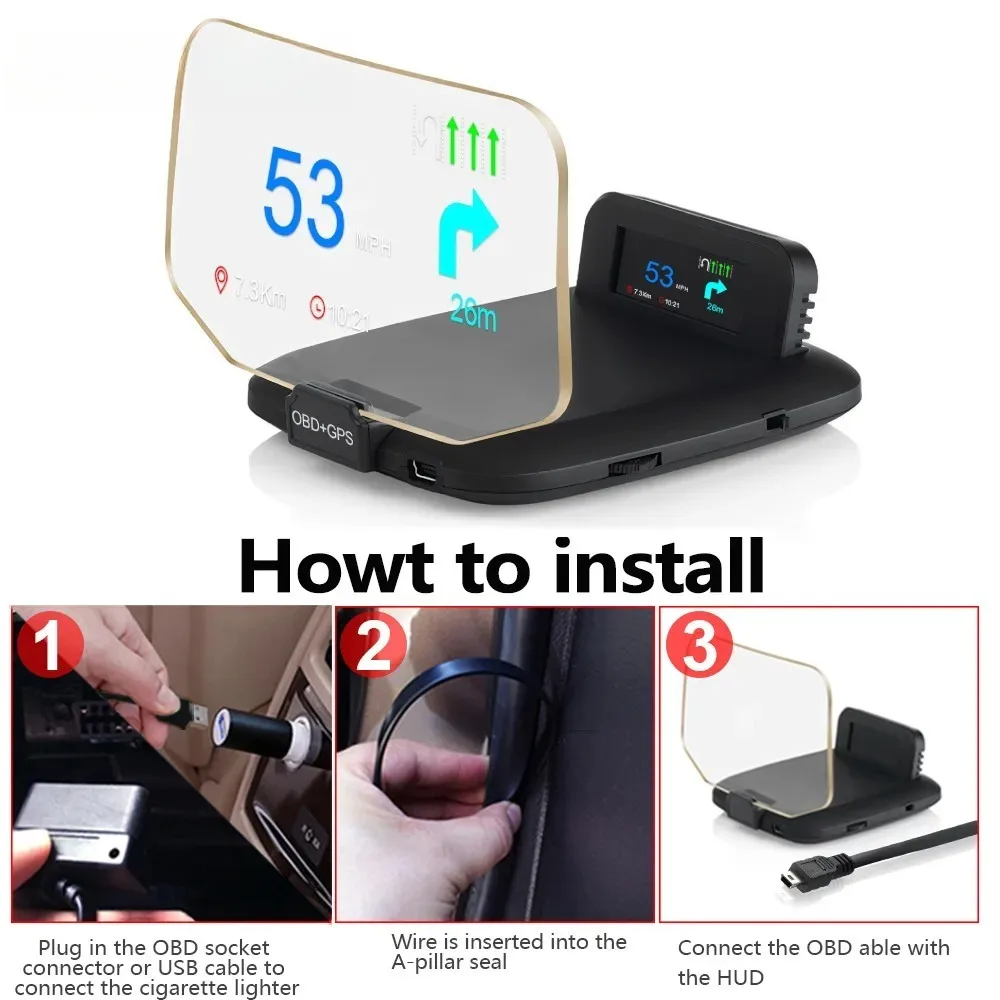 C1 OBD2 HUD Car Head Up Display GPS Navigation Projector Digital Smart Speed Gauge KMH MPH Overspeed RPM Alarm Plug and Play