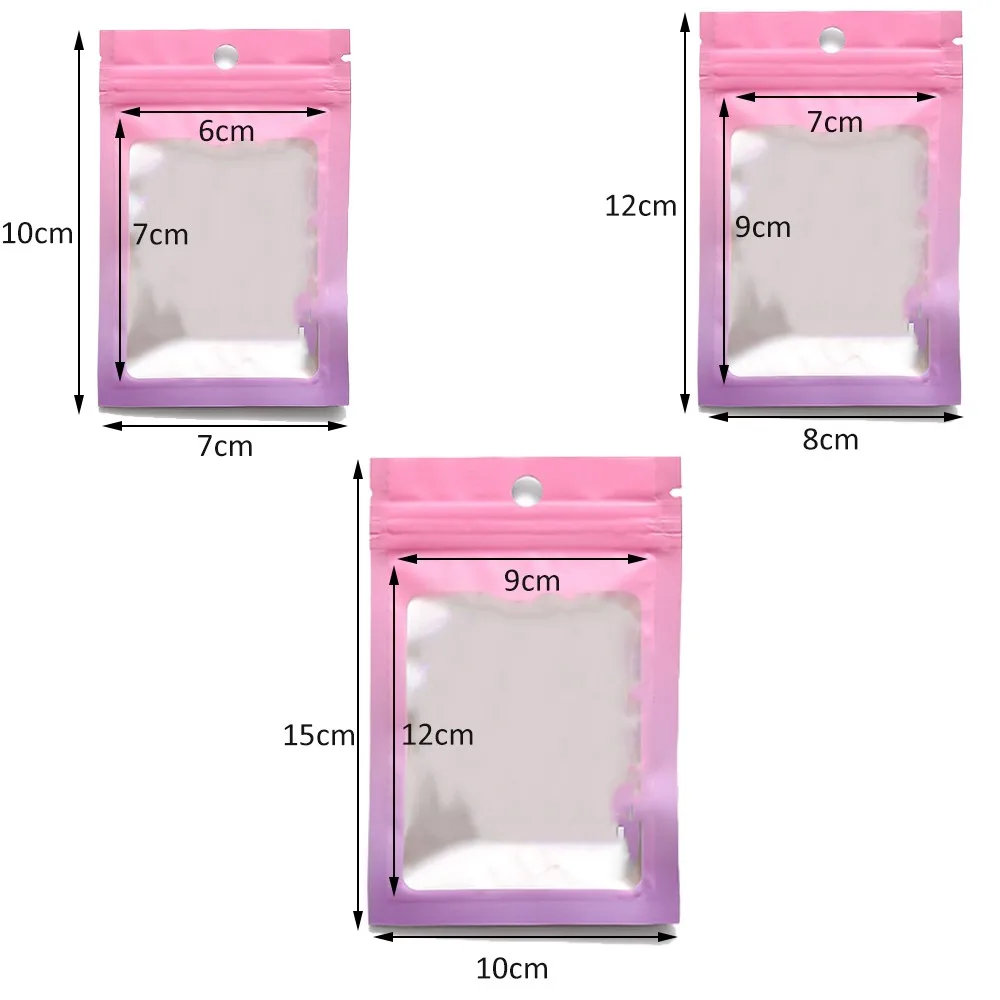 50pcs 7x10/8x12/10x15cm Gradient Color Pouch Transparent Window Bags for DIY Jewelry Display Packaging Supplies Small Businesses