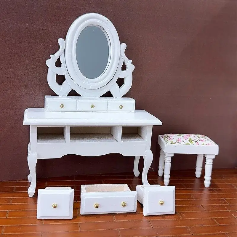 1:12 escala casa de bonecas em miniatura quarto penteadeira com espelho vaidade mesa e fezes modelo móveis para fingir jogar brinquedos