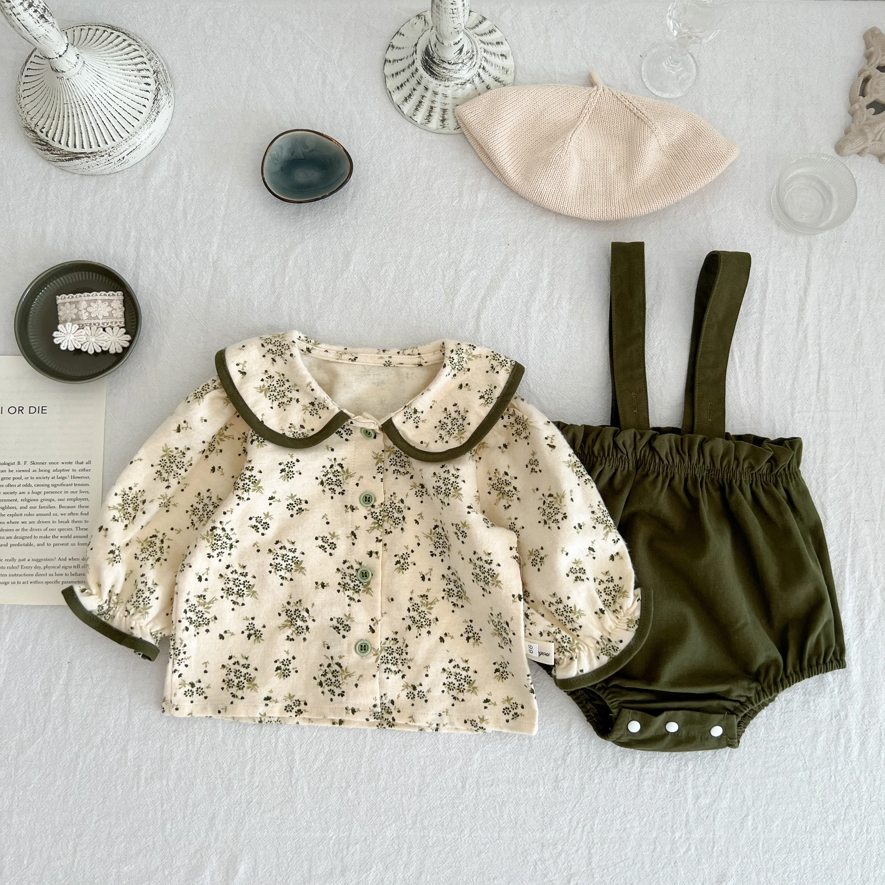 Baby Set 2026 Autumn Collection: Floral Print Baby doll Top with Shoulder Strap and Pajama Pants, Two-Piece Outfit for Girls