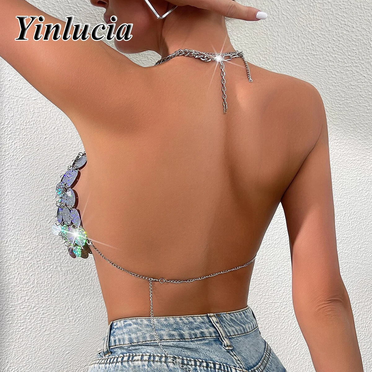Shining Nightclub Sexy Connect Sequins Backless Chain Women's Vest Halter Strap Top Exposed Navel Short Crop Sling