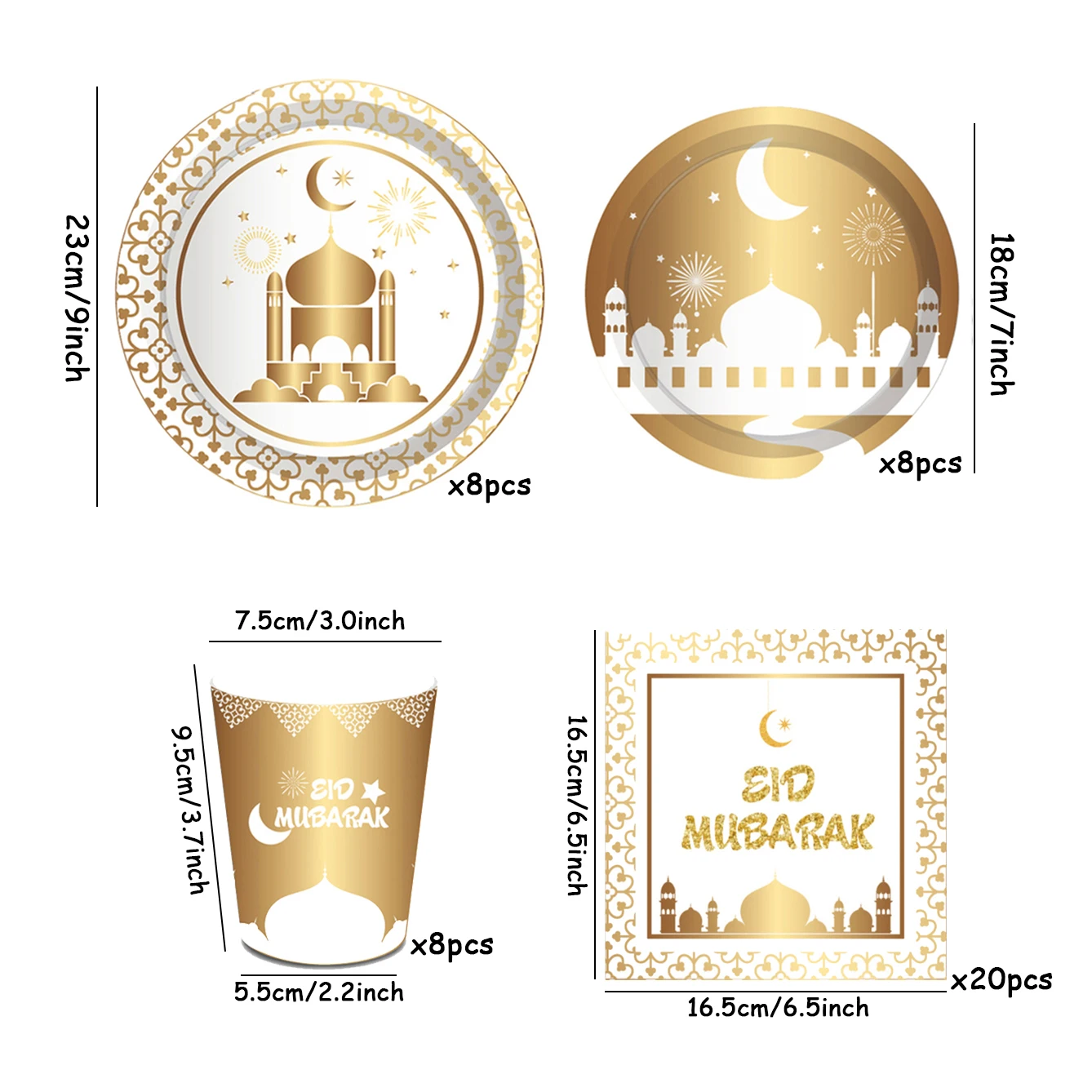 44pcs Gold and White Eid Mubarak Theme Disposable Tableware Plate Cup Napkin Muslim Islam Happy Eid Party secoration Supplies