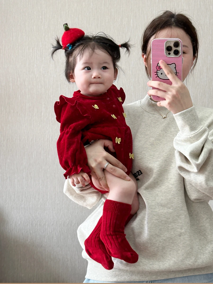 Fall Baby Red Chenille bow long sleeved jumpsuit New Baby Darling 100th full moon festive climbing outfit