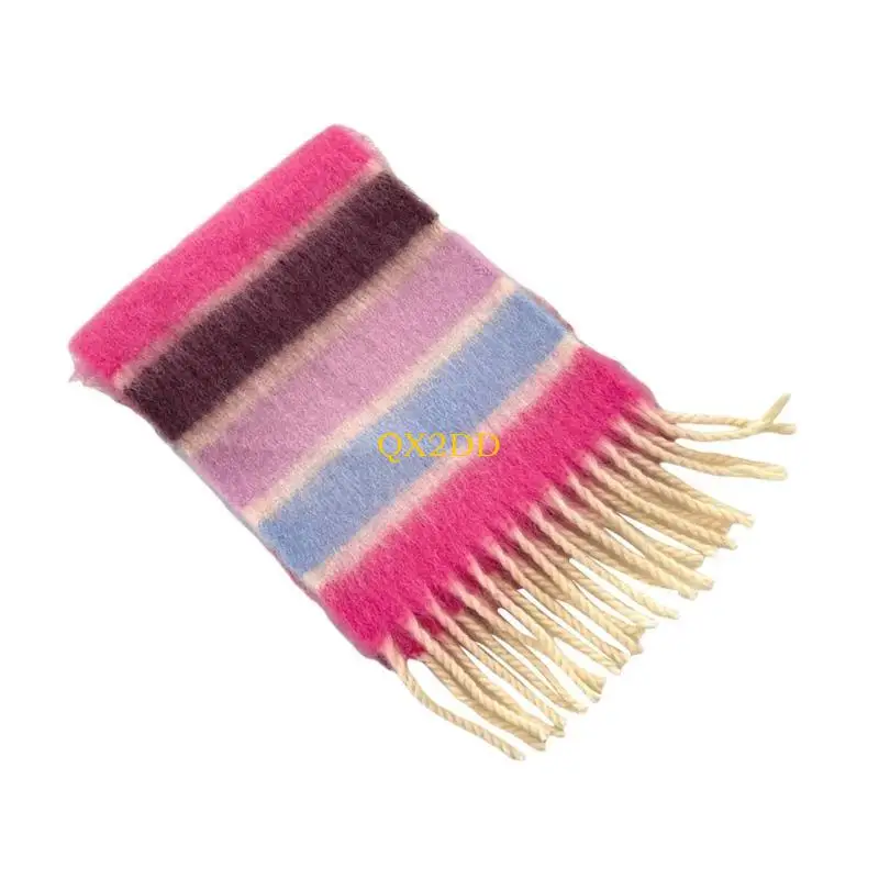 QX2D Khăn quàng cổ sọc cầu vồng đầy màu sắc cho trẻ Soft Faux Cashmere Fringe Máy giữ ấm cổ trẻ