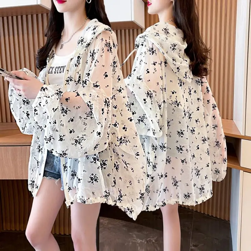 2024 Summer Women Thin Chiffon Black Print Shirts Loose Long Sleeve Jacket Sun Protection Shirt Solid Outdoor Ladies Tops Z956