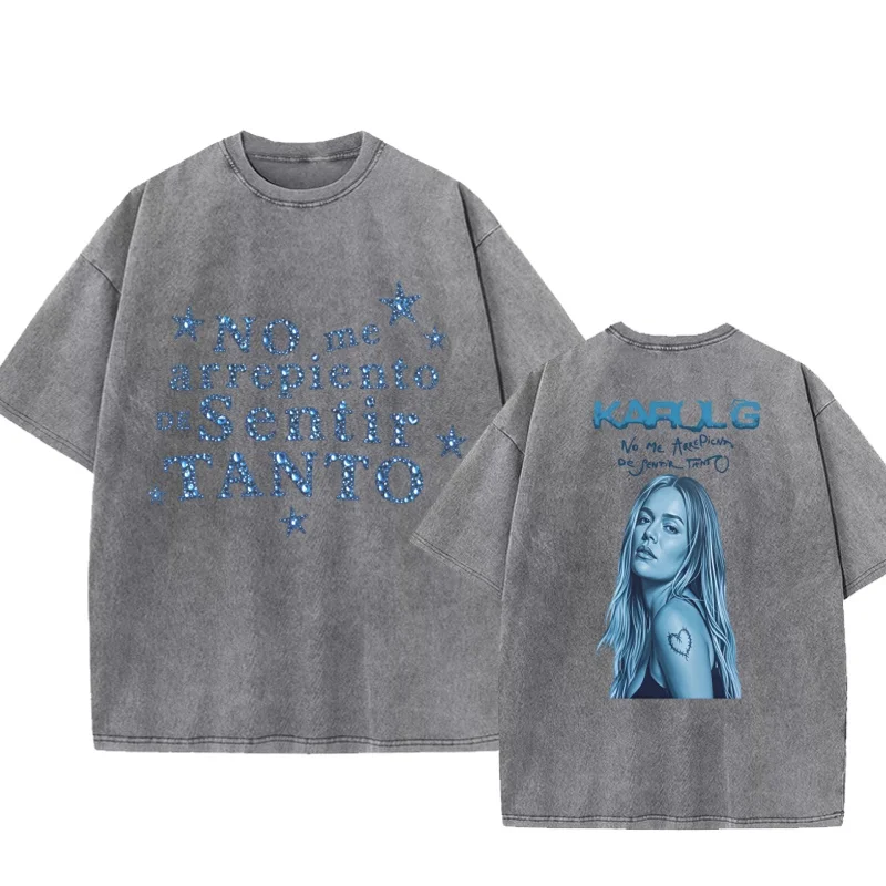 Karol G Neues Album Grafik-T-Shirts „No Me Arrepiento De Sentir Tanto“ T-Shirt Lateinamerikanische Musik Blaue T-Shirts für Männer und Frauen mit Rundhalsausschnitt – Detail 3